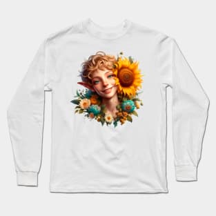 smiling elf with showy flowering sunflower Long Sleeve T-Shirt